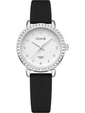 Womens Black White Analog Quartz Crystal Rhinestone Bezel Waterproof Wrist Watch